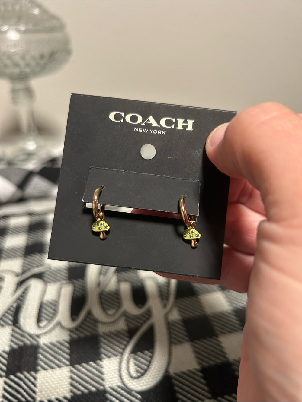 Coach x Observed by Us Mushroom Charm Huggie Earrings Lime Green Gold Tone New